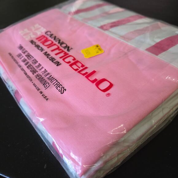 NOS Vintage Cannon Monticello No-Iron Muslin Twin Flat Sheet Pink White Striped - Picture 4 of 4